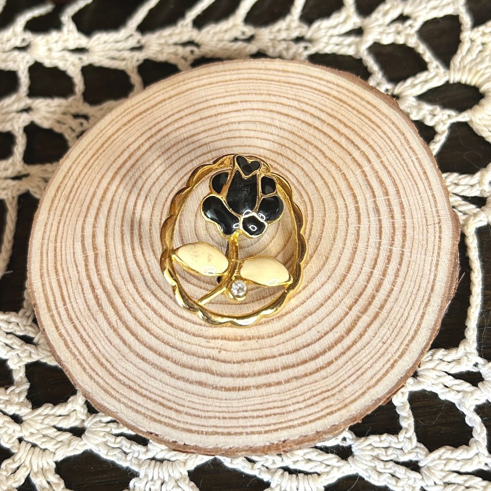 Vintage 1980's Black, Gold, and Cream Flower Brooch Pin